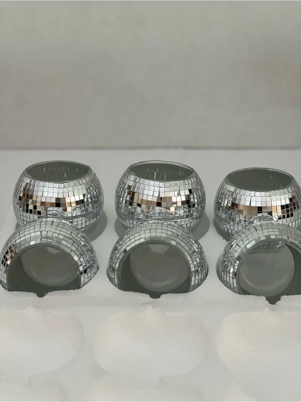 New Set of 6 Silver Mini Mosaic Disco Ball Candle Holders